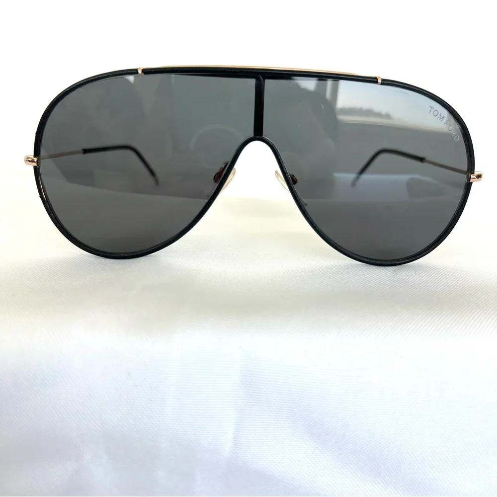 TOM FORD TF671 Mack Black Leather Rose Gold Metal Frame Aviator Large Sunglasses